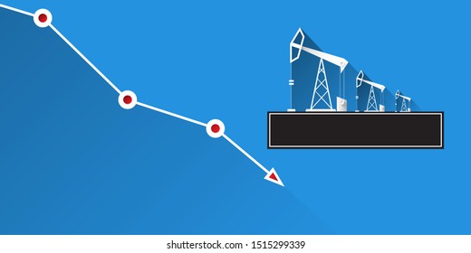 Oil price falling down graph vector 
 concept horizontal banner with arrows and oil rigs isolated on blue background. vector business market illustration background