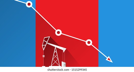 Oil price falling down graph vector 
 concept horizontal banner with arrows and oil rigs isolated on blue background. vector business market illustration background