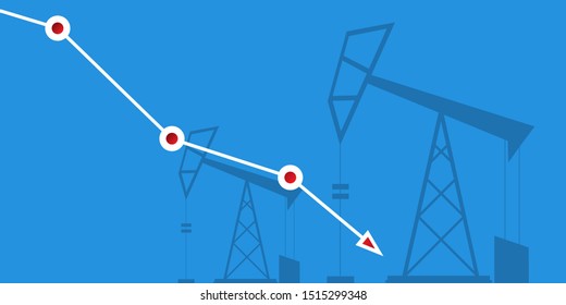 Oil price falling down graph vector 
 concept horizontal banner with arrows and oil rigs isolated on blue background. vector business market illustration background
