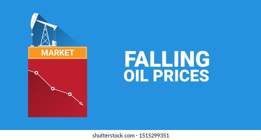 Oil price falling down graph vector 
 concept horizontal banner with arrows and oil rigs isolated on blue background. vector business market illustration background
