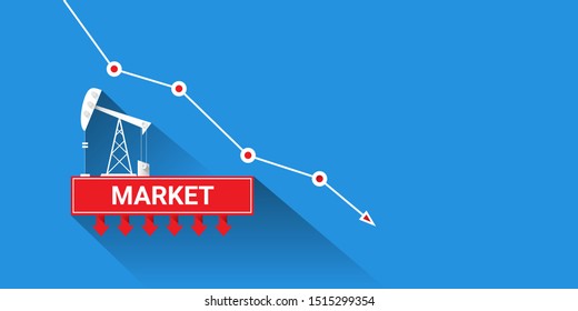 Oil price falling down graph vector 
 concept horizontal banner with arrows and oil rigs isolated on blue background. vector business market illustration background