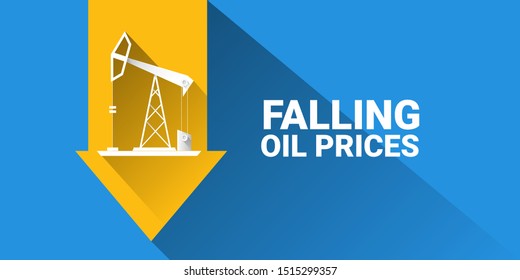 Oil price falling down graph vector 
 concept horizontal banner with arrows and oil rigs isolated on blue background. vector business market illustration background
