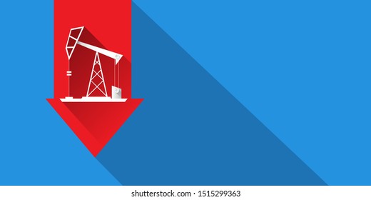 Oil price falling down graph vector 
 concept horizontal banner with arrows and oil rigs isolated on blue background. vector business market illustration background