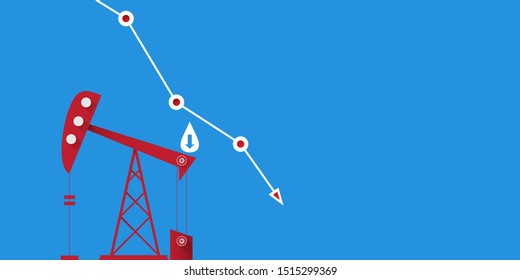 Oil price falling down graph vector 
 concept horizontal banner with arrows and oil rigs isolated on blue background. vector business market illustration background