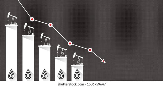 Oil price falling down graph vector 
 concept horizontal banner with arrows and oil rigs isolated on grey background. vector business market illustration background