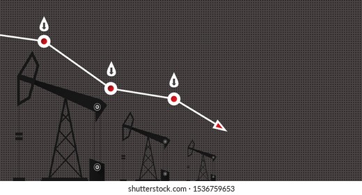 Oil price falling down graph vector 
 concept horizontal banner with arrows and oil rigs isolated on grey background. vector business market illustration background