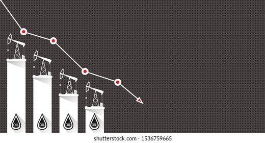 Oil price falling down graph vector 
 concept horizontal banner with arrows and oil rigs isolated on grey background. vector business market illustration background