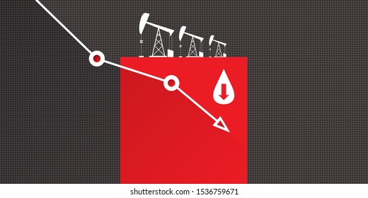 Oil price falling down graph vector 
 concept horizontal banner with arrows and oil rigs isolated on grey background. vector business market illustration background