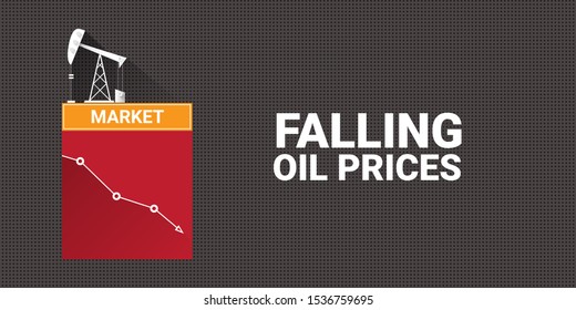Oil price falling down graph vector 
 concept horizontal banner with arrows and oil rigs isolated on grey background. vector business market illustration background