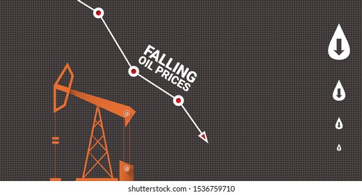 Oil price falling down graph vector 
 concept horizontal banner with arrows and oil rigs isolated on grey background. vector business market illustration background
