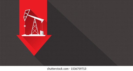 Oil price falling down graph vector 
 concept horizontal banner with arrows and oil rigs isolated on grey background. vector business market illustration background