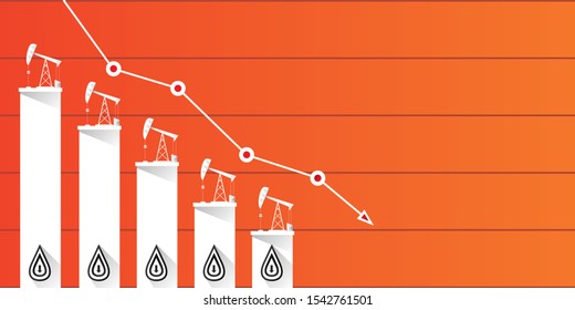Oil price falling down graph vector 
 concept horizontal banner with arrows and oil rigs isolated on orange  background. vector business market illustration background