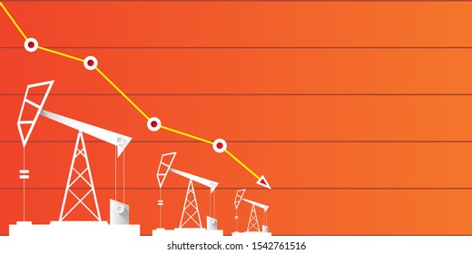 Oil price falling down graph vector 
 concept horizontal banner with arrows and oil rigs isolated on orange  background. vector business market illustration background