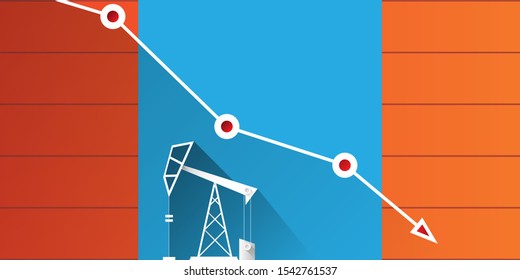 Oil price falling down graph vector 
 concept horizontal banner with arrows and oil rigs isolated on orange  background. vector business market illustration background