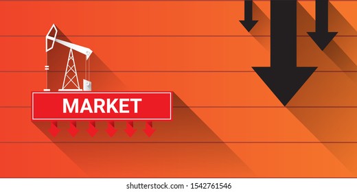 Oil price falling down graph vector 
 concept horizontal banner with arrows and oil rigs isolated on orange  background. vector business market illustration background