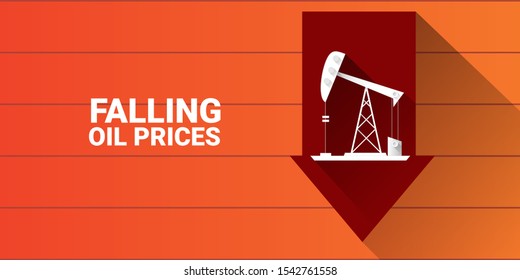 Oil price falling down graph vector 
 concept horizontal banner with arrows and oil rigs isolated on orange  background. vector business market illustration background