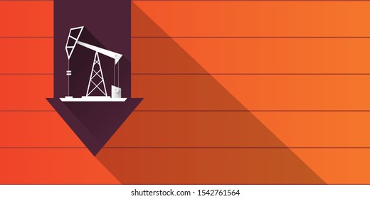 Oil price falling down graph vector 
 concept horizontal banner with arrows and oil rigs isolated on orange  background. vector business market illustration background