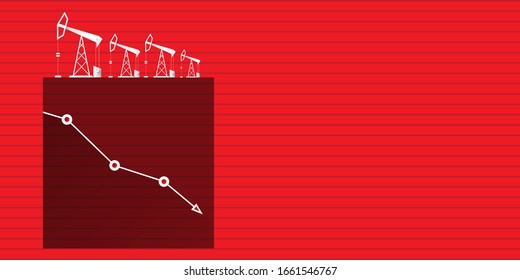 El precio del petróleo cae por debajo del concepto vector gráfico, banner horizontal con flechas y torres de aceite aisladas en el fondo rojo. fondo de la ilustración del mercado de trabajo vectorial