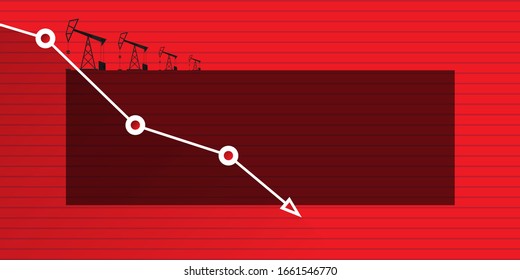 El precio del petróleo cae por debajo del concepto vector gráfico, banner horizontal con flechas y torres de aceite aisladas en el fondo rojo. fondo de la ilustración del mercado de trabajo vectorial