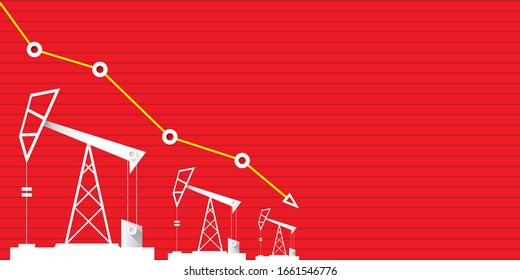 Ölpreis fällt nach unten Vektorillustration Konzept horizontalen Banner mit Pfeilen und Ölbohrinseln einzeln auf rotem Hintergrund. Vektorillustration Business Market - Illustration Hintergrund