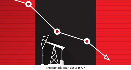 El precio del petróleo cae por debajo del concepto vector gráfico, banner horizontal con flechas y torres de aceite aisladas en el fondo rojo. fondo de la ilustración del mercado de trabajo vectorial