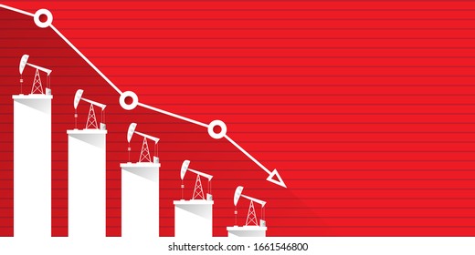 Oil price falling down graph vector concept horizontal banner with arrows and oil rigs isolated on red background. vector business market illustration background