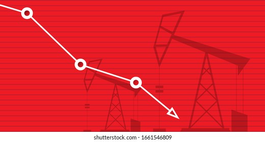Ölpreis fällt nach unten Vektorillustration Konzept horizontalen Banner mit Pfeilen und Ölbohrinseln einzeln auf rotem Hintergrund. Vektorillustration Business Market - Illustration Hintergrund