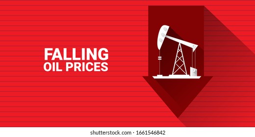 El precio del petróleo cae por debajo del concepto vector gráfico, banner horizontal con flechas y torres de aceite aisladas en el fondo rojo. fondo de la ilustración del mercado de trabajo vectorial