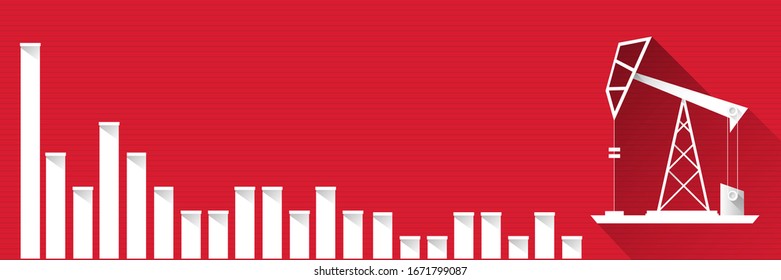 Oil price falling down graph vector concept horizontal banner with arrows and oil rigs isolated on red background. vector business market illustration background