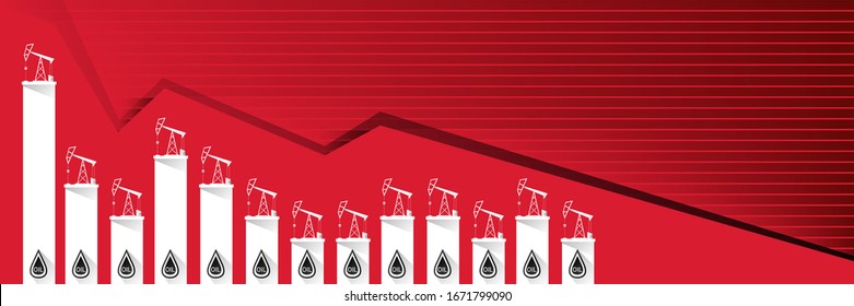 Oil price falling down graph vector concept horizontal banner with arrows and oil rigs isolated on red background. vector business market illustration background