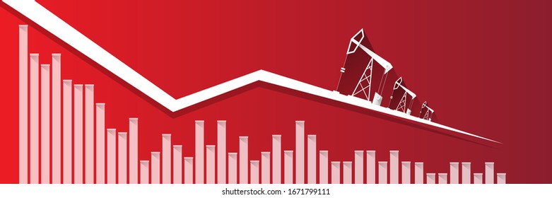 El precio del petróleo cae por debajo del concepto vector gráfico, banner horizontal con flechas y torres de aceite aisladas en el fondo rojo. fondo de la ilustración del mercado de trabajo vectorial