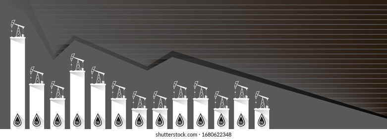 Oil price falling down graph vector concept horizontal banner with arrows and oil rigs isolated on grey background. vector business market illustration background