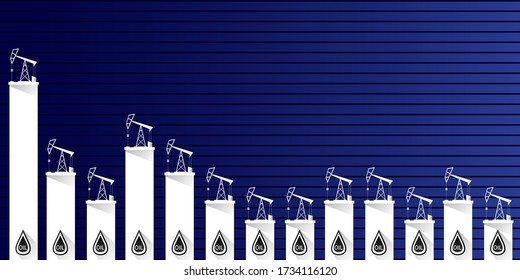 Oil price falling down graph vector concept horizontal banner with arrows and oil rigs isolated on blue background. vector business market illustration background