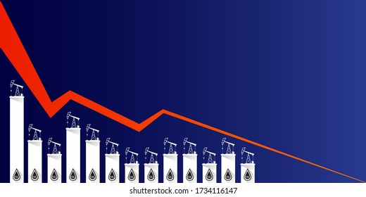 Oil price falling down graph vector concept horizontal banner with arrows and oil rigs isolated on blue background. vector business market illustration background