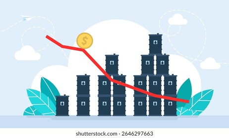 Preço do petróleo caindo para baixo gráfico conceito banner com setas. Mercado de negócios. Gráfico de queda de preço do barril de petróleo. Infográfico do petróleo. Tendência do mercado do petróleo. Ilustração vetorial