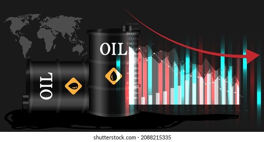 Oil price falls, recession, banner with arrow and oil barrels on the background of the world map. Vector illustration