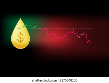 Oil price golden design with line graph showing decrease in oil price. Vector illustration.