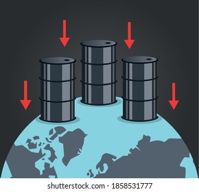 oil price graphic with barrels arrows down in earth planet vector illustration design