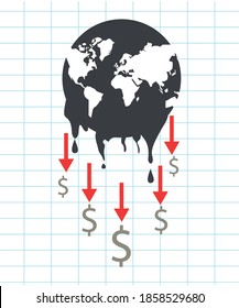 oil price graphic with earth maps and arrows down of price dollar vector illustration design