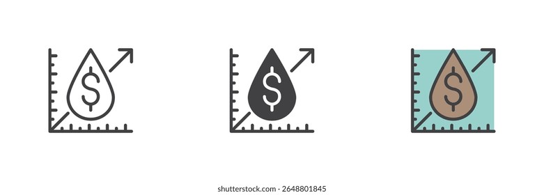 Oil price growth arrow and droplet icon set in line, solid, and colorful filled outline vector styles. Symbolizes fuel market increase and economic trends.