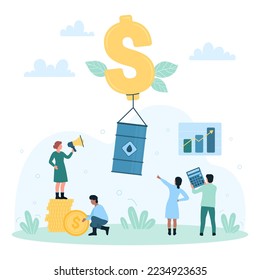 Oil price growth vector illustration. Cartoon tiny people standing on pile of money coins, gold dollar balloon rising barrel high, global increase and management of crude oil cost in stock market