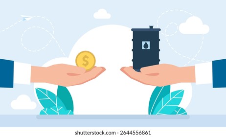Oil price. Hands with oil barrel and gold, dollar coin. Concept of opposition on oil market. Hands with oil barrels and gold coins. Vector illustration.