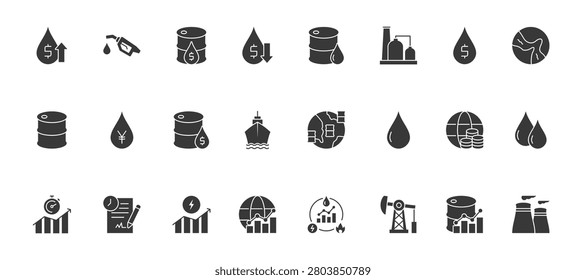 Oil Price icon set containing increase price, fuel, oil price, decrease price, crude oil, oil refinery, petrodollar, strait of Hormuz, barrel, petroyuan and power plants vector icons