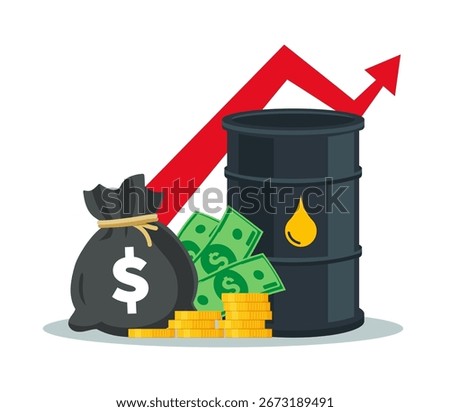 Oil price increase - vector illustration. Oil barrel with money and red arrow.