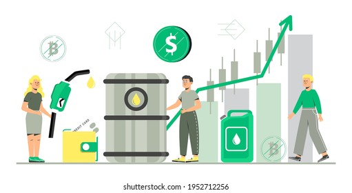 Oil price increasing concept vector. Petroleum stock market growing. Best oil prices ever. Arrow goes up. Tiny businessmen are happy. Gas station, barrel are shown.