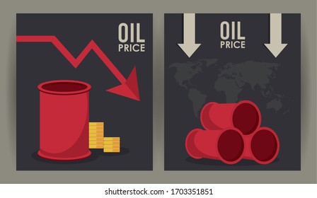 oil price infographic with barrels and arrows in the world vector illustration design