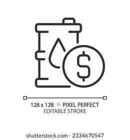 Icono lineal del precio del petróleo. Transición energética. Barril de gasolina. Mercado de valores. Economía del combustible. Comercio global. Petróleo crudo. Ilustración de línea delgada. Símbolo de contorno. Dibujo del contorno del vector. Trazo editable