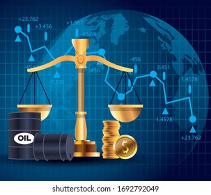 oil price market with barrels and balance vector illustration design