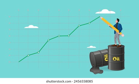 oil price rising up with businessman standing on a pile of oil barrels drawing rising graph, crude oil commodity price growth after crisis, high demand or many industries that use gasoline