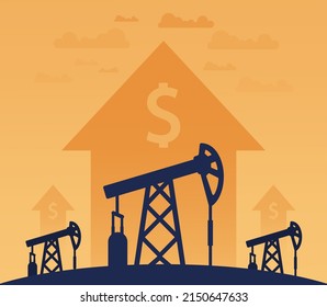 The oil price is rising concept. Barrels of crude oil or petroleum price growth, high demand in crisis. Energy or gasoline industry. Petroleum price diagram. Flat vector illustration